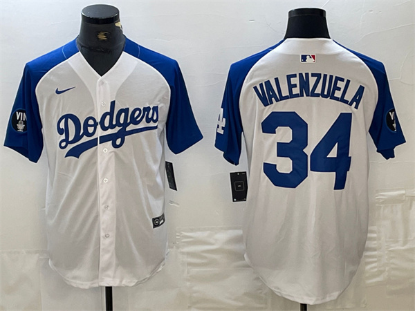Men's Los Angeles Dodgers #34 Toro Valenzuela White/Blue Vin Patch Cool Base Stitched Baseball Jersey